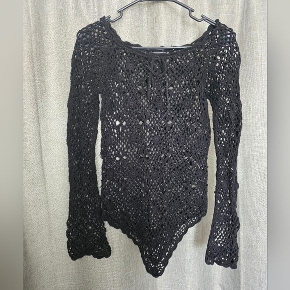 Vtg Y2k Set Of 2 Take Out Open Knit Long Sleeve Tops Ivory & Black Sz M Fairy - Picture 2 of 11